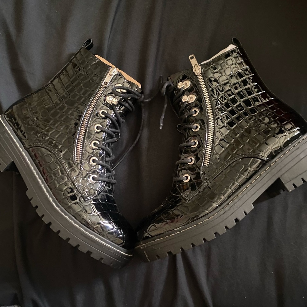 Madden Girl Black Croc Combat Boots